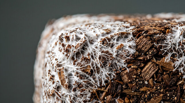 Close up of wood chip substrate heavily colonized by white mycelium