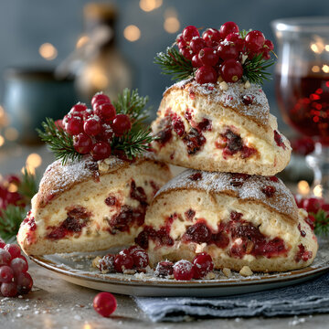 Delicious cranberry cake slices decorated with red currants and pine branches