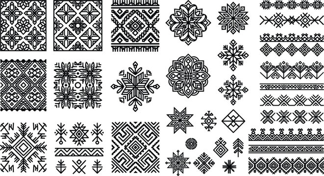 Ethnic geometric ornament vector set with slavic nordic folk patterns tribal borders frames and traditional embroidery elements sketch
