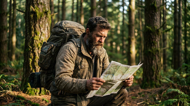 A bearded man wearing a backpack and outdoor jacket crouches in a dense forest, intently studying a paper map for navigation.