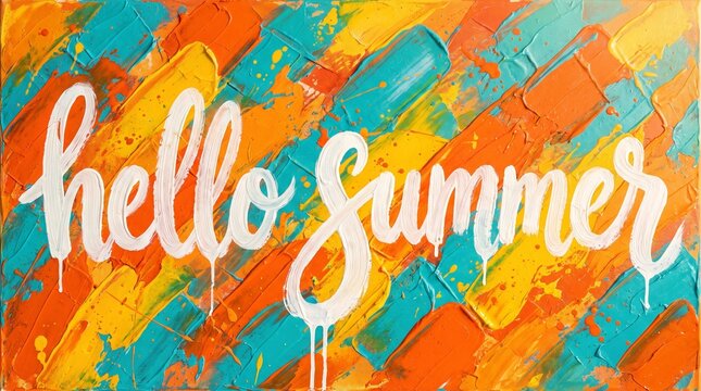 Handwritten hello summer text in white paint over vibrant orange and turquoise oil paint background