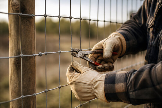 A person is using pliers to mend a wire fence outdoors.