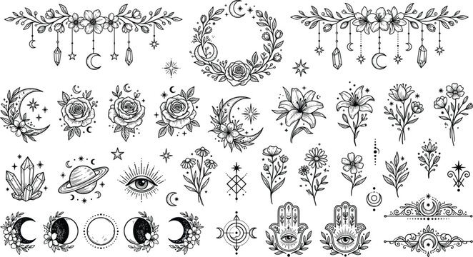 Hand drawn mystical celestial vector set with moon phases crystal clusters evil eye hamsa roses and esoteric floral elements sketch