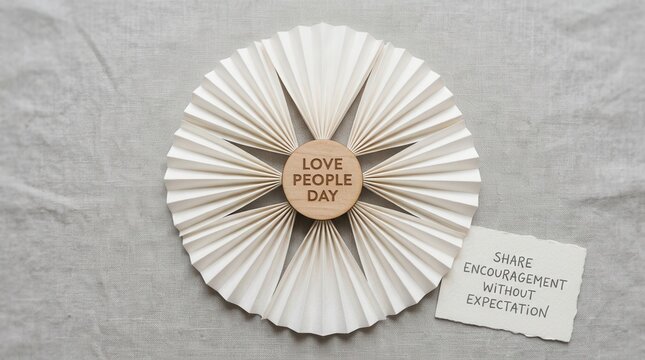 Elegant paper fan arrangement on textured fabric features wooden disc with Love People Day text and small note encouraging selfless kindness and support for others in a minimalist craft design