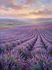 Fototapeta premium Impressionist Oil Painting of Vast Purple Lavender Fields Under a Soft Pastel Sunset Sky in Rural Provence Countryside