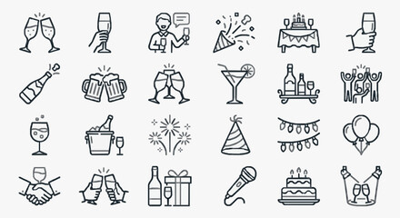 Fototapeta premium Modern Black and White Line Icons Set Featuring Celebration Party Drinks Toasts and Festive Elements