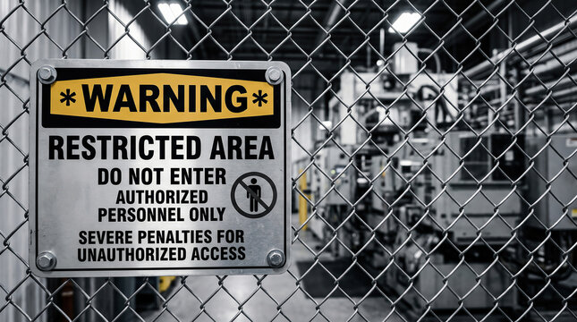 Restricted Area sign on chain link fence, industrial facility background, symbolizing security, access control, and safety regulations.