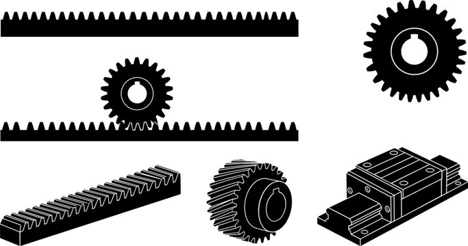 Mechanical Gear Rack and Pinion Linear Motion Vector Icon Set Featuring Spur Gears Guide Rail and Block for Industrial Machine Designs