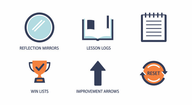 Business Goals and Success Icons: Mirror, Book, Notepad, Trophy, Arrow, Reset