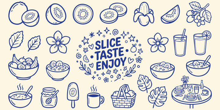 Hand drawn kiwi fruit and breakfast elements with floral accents on a cream background