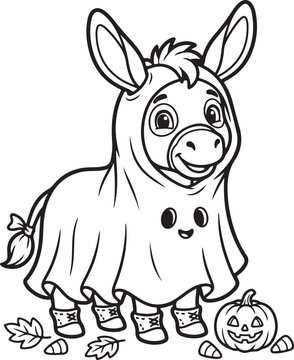 Cute cartoon donkey standing with pumpkin. Playful gray jackass character illustration for autumn harvest themes., Generative Ai