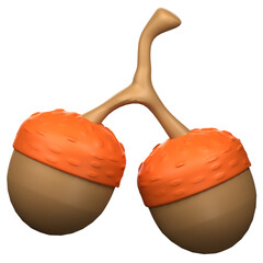 Two stylized oak nuts with caps rendered in 3d with a smooth texture on transparent background © Sajedul