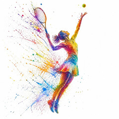 Obraz premium Colorful tennis player silhouette. A flat color image of a woman playing tennis consisting of spots, splashes and drips of paint.