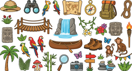 Jungle safari and tropical adventure vector set with hand drawn cartoon monkeys parrots map canoe waterfall and camping gear © Kulsum