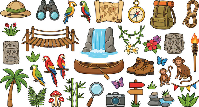 Jungle safari and tropical adventure vector set with hand drawn cartoon monkeys parrots map canoe waterfall and camping gear