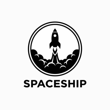 Minimalist rocket launch logo icon with spaceship taking off for startup growth and business success