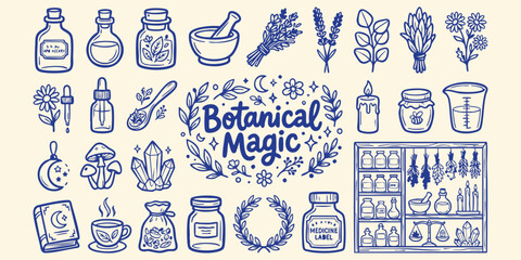 Hand-drawn botanical magic elements with herbs and crystals on a cream background © Ishtiaq