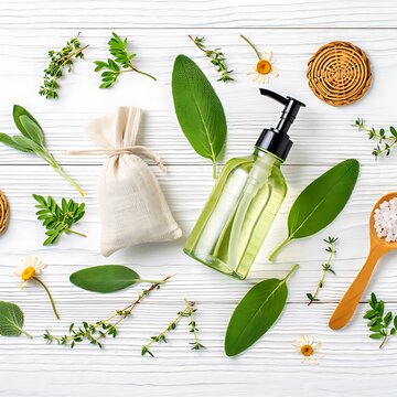 Natural essential oil spray bottle with botanicals around