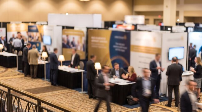 Blurred perspective of a busy exhibition hall at a large industry conference with attendees and exhibitors interacting near corporate booths and event displays