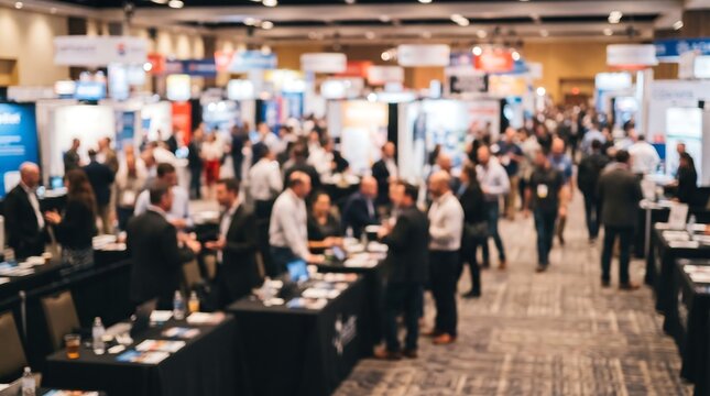 Blurred business professionals networking at a corporate convention center trade show event with exhibition booths and bright hall lighting in a large conference venue background
