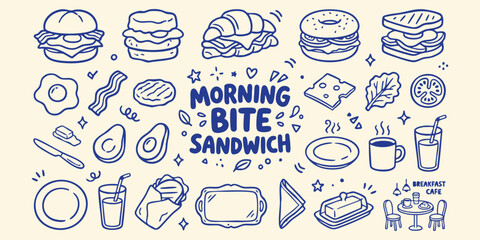 Hand-drawn breakfast sandwiches and components in a simple doodle style on a cream background © Ishtiaq