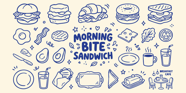 Hand-drawn breakfast sandwiches and components in a simple doodle style on a cream background