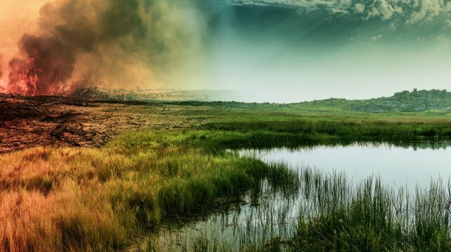 Contrasting landscapes fire and smoke versus calm water and greenery