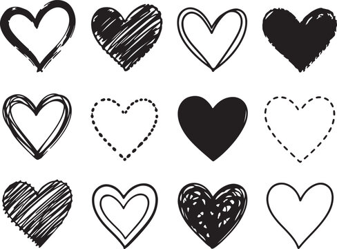 Set of black hand drawn heart shapes for design and love decoration