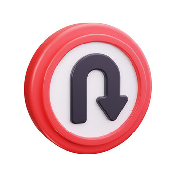 Red circular traffic sign with a white and dark blue u turn arrow on transparent background