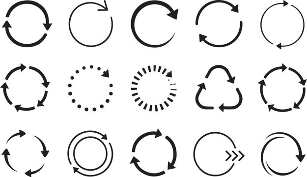 Set of black circular arrow icons for loading and refresh concepts