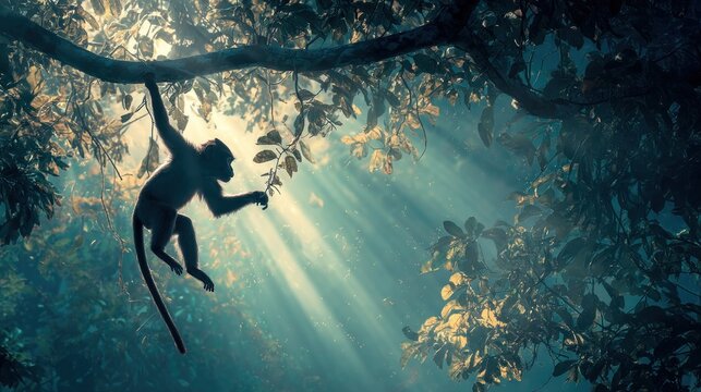 A monkey hangs gracefully from a tree branch, silhouetted against the sun's rays piercing through the lush foliage, creating a serene forest scene