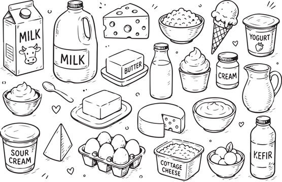 Set of various fresh dairy products in a hand drawn doodle style