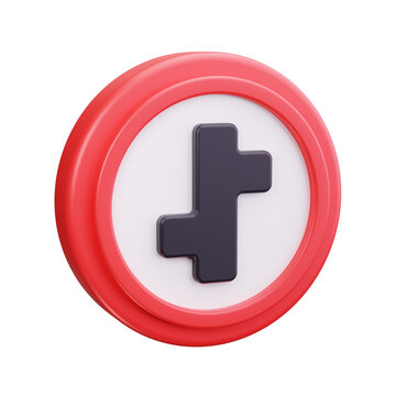 Red circular traffic sign with black plus symbol 3d render on transparent background cross