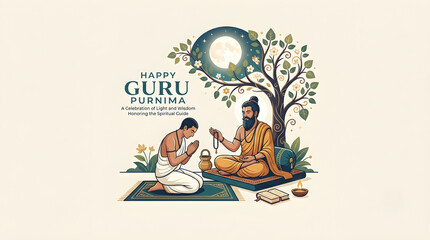 Naklejka premium Guru Purnima Vector Illustration with Disciple Kneeling and Praying to Spiritual Teacher Under Banyan Tree