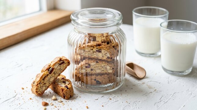 Traditional Italian cantuccini almond biscotti cookies stored in a clear glass jar and served with fresh milk glasses on a white table in bright morning light perfect for healthy breakfast snack