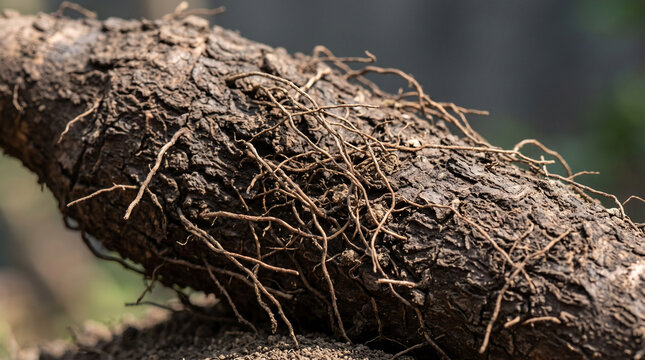 Close up of a thick textured root with fine rootlets resting on soil