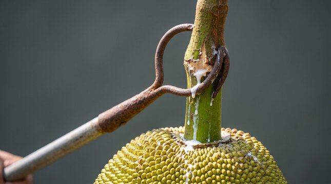 Harvesting a ripe jackfruit with a metal hook tool showing milky sap