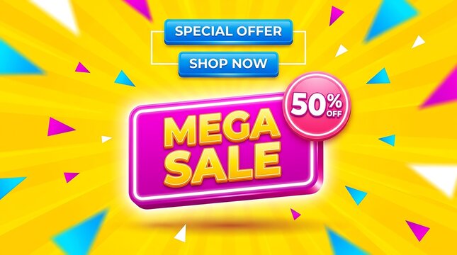 Mega sale banner with 50 percent discount offer. Vibrant retail promotion graphic for e-commerce and marketing campaigns.