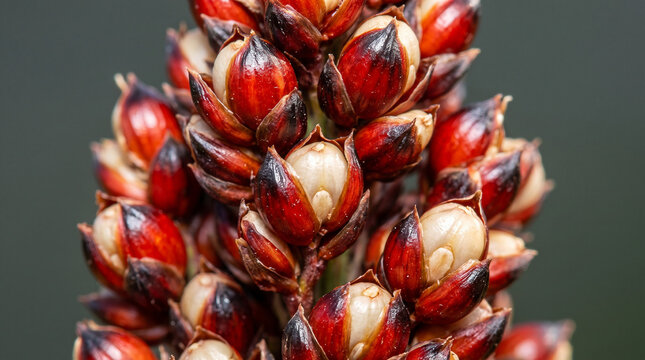 Close up macro of red and white sorghum grains growing on a panicle