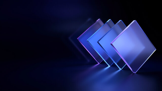 Stacked translucent square glass panels in shades of blue and purple with dramatic lighting and