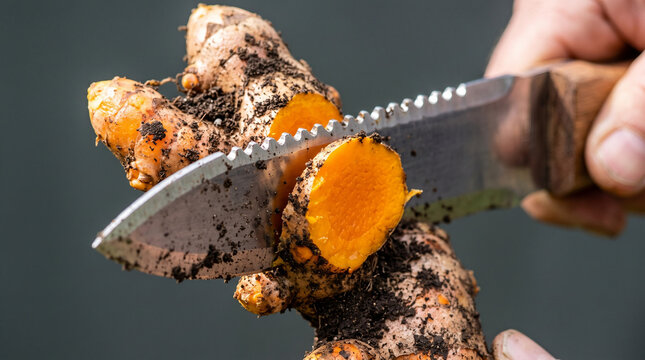Close up of a knife cutting a raw turmeric root revealing orange flesh