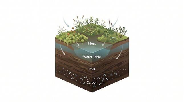 Isometric cross section diagram of a peatland bog ecosystem illustrating carbon storage, soil layers, moss vegetation, and water table levels