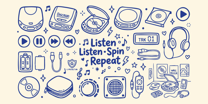 Portable CD players and audio accessories arranged in a playful doodle pattern with musical notes and stars on a cream background