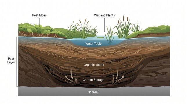 Cross Sectional Diagram Showing Peatland Soil Structure Carbon Storage and Wetland Vegetation Ecosystem Processes