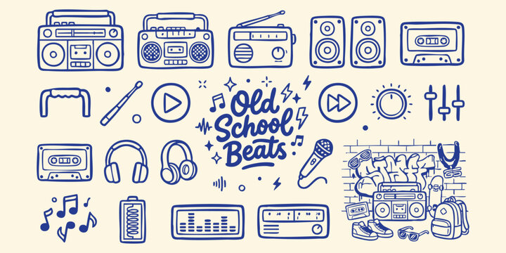 Retro audio devices and music symbols with 'Old School Beats' text on a cream background representing vintage hip hop culture and nostalgia
