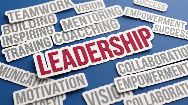 Leadership concept word cloud with business management terms including teamwork, vision, mentoring, coaching, and motivation