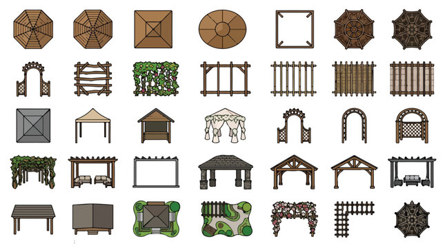 Garden gazebo and pergola icons set, wooden outdoor structures for landscape design, 35 backyard pavilion and archway vector elements