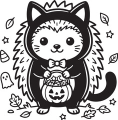 Fototapeta premium Cute hedgehog in cat costume. Halloween coloring page for kids with pumpkin candy bucket., Generative Ai