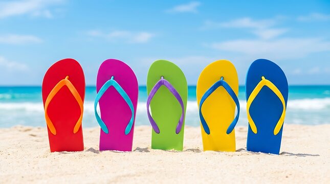 Colorful flip flops lined up on sandy beach. Vibrant summer footwear collection ready for vacation and coastal lifestyle shoots.