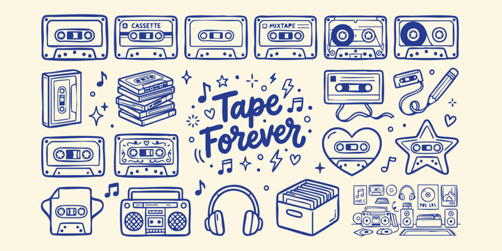 Retro cassette tapes and audio equipment doodles in a charming vintage style on a cream background